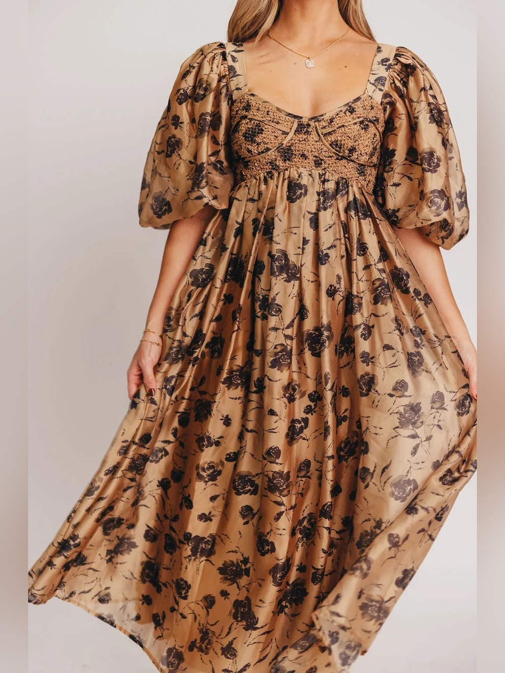 Worth Collective Harlow Floral Dress Camel and Black Colorway